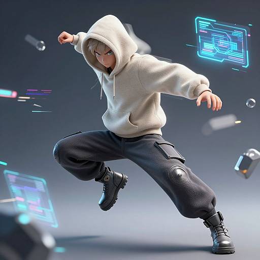 Digital CGI of a focused, blonde-haired, hoodie-wearing young man in black cargo pants and boots, striking a dynamic fighting pose, surrounded by floating