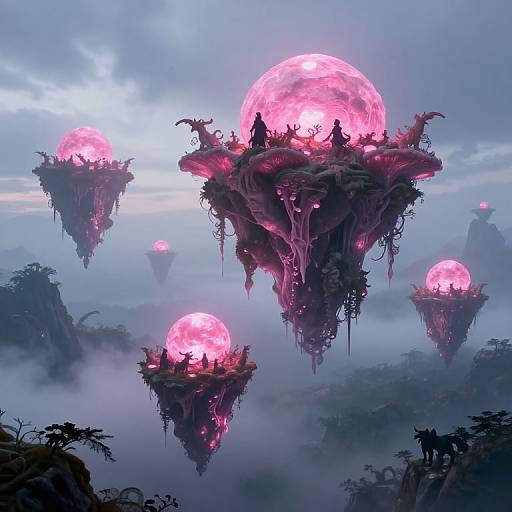 Digital fantasy artwork: Floating, pink-lit, organic islands with silhouetted figures, surrounded by misty, mountainous landscape and glowing pink