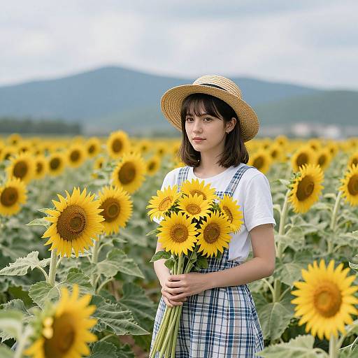 Young Asian woman in white shirt and blue plaid dress, wearing straw hat, holding sunflowers in sunflower field with mountain background. Photographic image