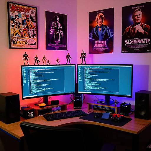 Photograph of a brightly lit gaming desk with dual monitors, neon lighting, sci-fi posters, action figure statues, and black speakers.