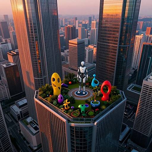 Photograph of a futuristic rooftop garden in a skyscraper, featuring colorful, cartoonish sculptures, a black-and-white robot, and vibrant plants, set