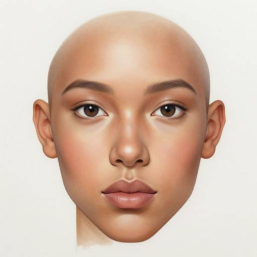 Photorealistic digital portrait of a bald, light-skinned woman with brown eyes, full lips, and smooth skin against a white background.