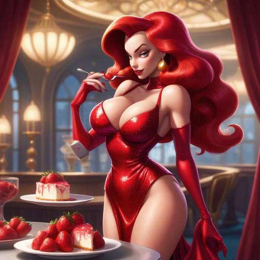 Glamorous Woman in Red Dress with Strawberry Cakes