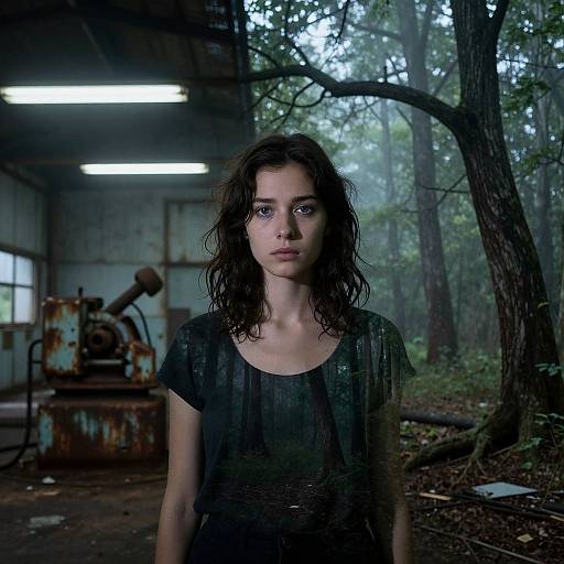 Photograph of a wet-haired young woman with blue eyes, wearing a black, wet dress, standing in a dimly lit, rusty industrial room with