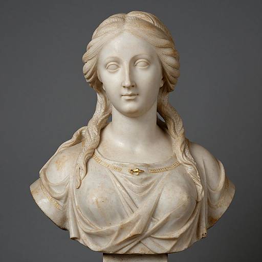 Photograph of a classical marble bust depicting a serene-faced woman with long, wavy hair, wearing a draped garment, against a solid dark blue background