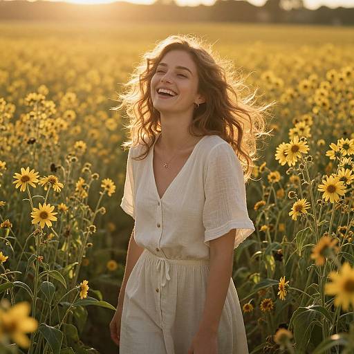 Photograph of a smiling young woman with wavy brown hair, wearing a white, buttoned dress, standing in a sunlit sunflower field at