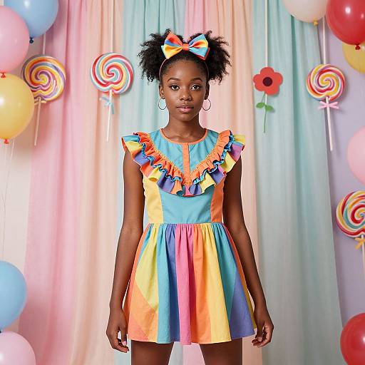Photograph of a young Black girl with a colorful, ruffled dress and puffy hair bow, standing against a pastel backdrop with balloons and candy