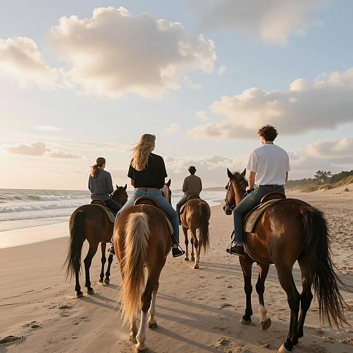 Group Horseback Riding on Beach at Sunset