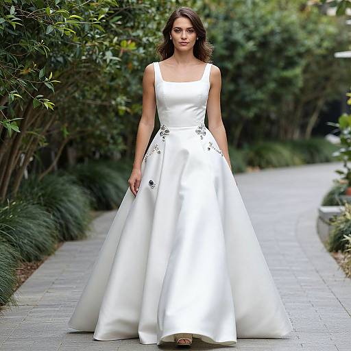 Photograph of a brunette woman in a sleeveless, white satin wedding gown with floral embroidery, standing on a stone pathway surrounded by lush greenery.