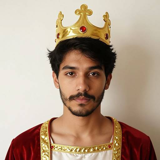 Photograph of a young South Asian man with dark hair and beard, wearing a gold crown with red jewels, and a red velvet robe with gold trim