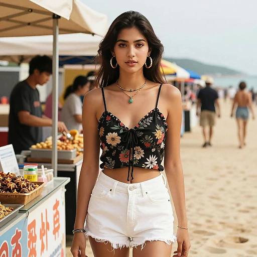 Photograph of a young woman with long black hair, wearing a black floral crop top and white frayed shorts, standing at a beach food stall,