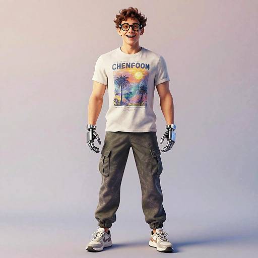 Young Man with Mechanical Gloves and Graphic Tee