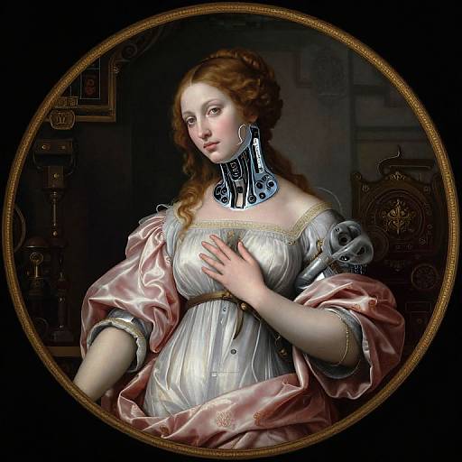 Digital painting of a fair-skinned, red-haired woman in a silver and pink satin dress, wearing a metallic choker, with a hand on her
