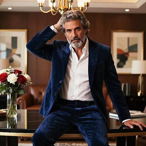Photograph of an older, bearded man with gray hair, wearing a dark blue velvet suit and white shirt, sitting on a desk in a warmly