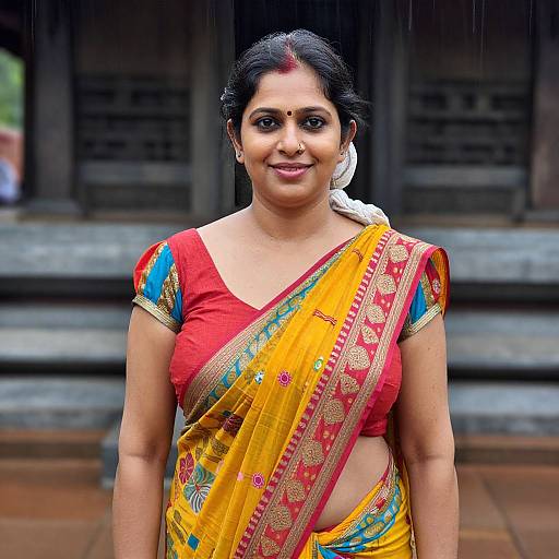Photograph of an Indian woman with dark hair in a yellow sari with red and blue blouse, white hair tie, and red bindi, standing