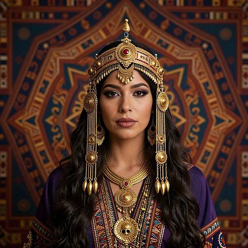 Photograph of a beautiful South Asian woman with long black hair, wearing elaborate gold jewelry and traditional attire, against an ornate geometric patterned background.
