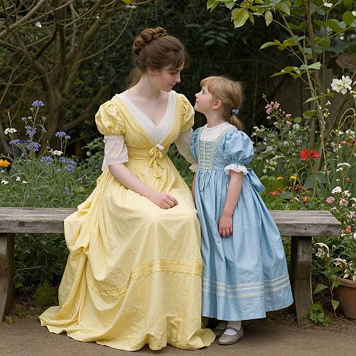 Photograph of a fair-skinned woman in a yellow Victorian dress and a blonde girl in a blue dress, sitting on a wooden bench in a colorful