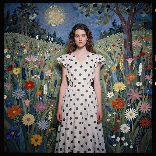 Photograph: Curly-haired woman in white polka-dot dress stands in vibrant mosaic-style floral garden with moonlit sky and colorful flowers.