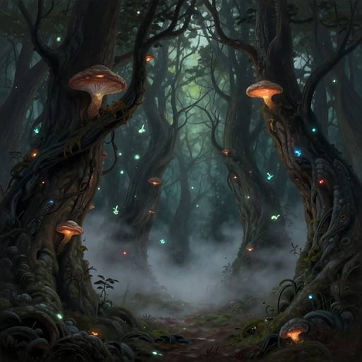 Digital fantasy artwork of a dark, misty forest with glowing orange mushrooms, bioluminescent butterflies, and ethereal green light filtering through dense trees