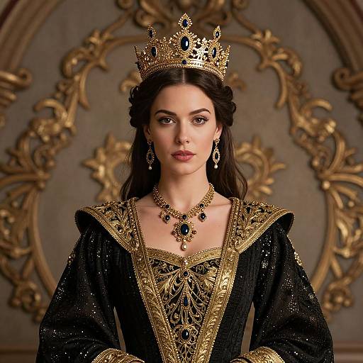 Photograph of a fair-skinned woman with long dark hair, wearing an ornate gold crown, black and gold regal gown, and intricate jewelry