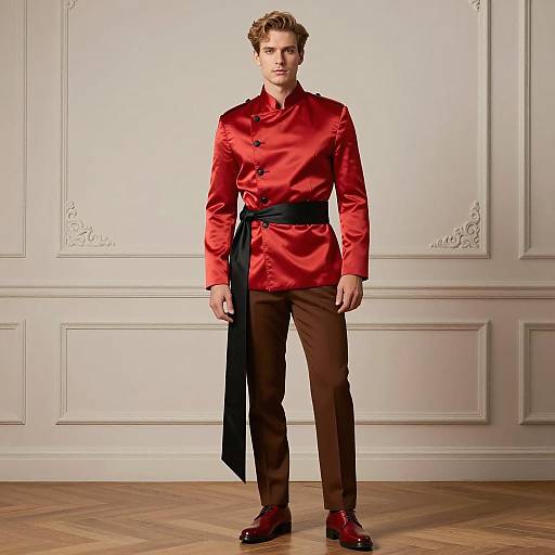 Man in Red Satin Jacket and Brown Pants