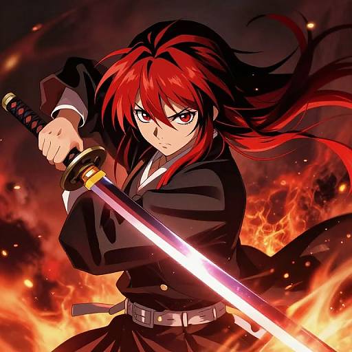 Digital anime-style drawing of a fierce red-haired warrior with black hair, holding a glowing sword, surrounded by fiery flames.