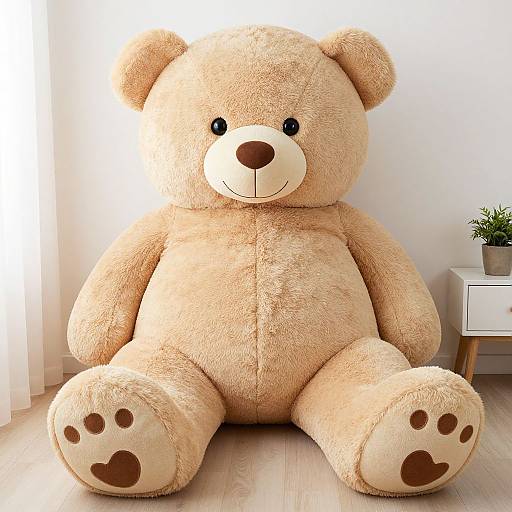 Photograph of a giant, beige, fluffy teddy bear with black eyes and nose, sitting on a light wood floor, beside a white nightstand