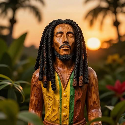 Photograph of a wooden statue with black dreadlocks, yellow and green shirt, against a sunset background with blurred tropical foliage.