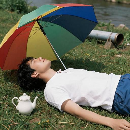 Relaxing Man Under Colorful Umbrella