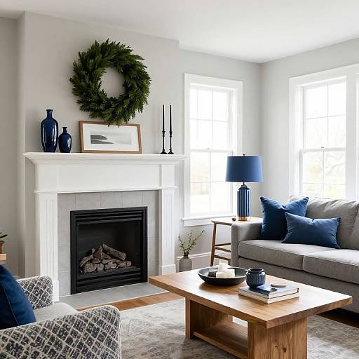 Bright living room photograph with white fireplace, green wreath, blue pillows, gray sofa, wooden coffee table, and blue lamp.