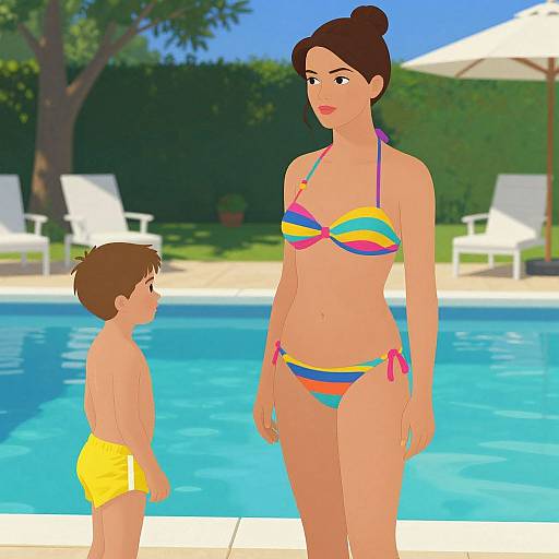Digital illustration of a tan-skinned woman in a colorful striped bikini standing by a pool, facing a young boy in yellow swim trunks. Bright,