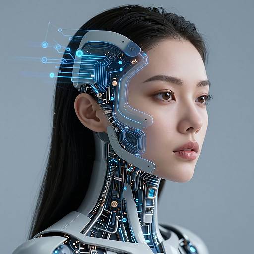 Digital CGI of an East Asian woman with long black hair, cybernetic circuits and blue glowing nodes integrated into her neck and temple, gazing forward
