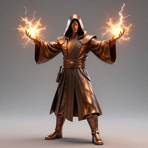 CGI image of a bronze-robed wizard with glowing, electric sparks in his outstretched hands, standing confidently against a gradient gray background. Hood