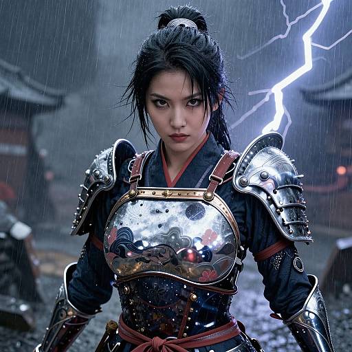 Photorealistic CGI of an intense Asian warrior woman in silver armor, standing in a rainy, lightning-streaked battlefield, with a determined expression.