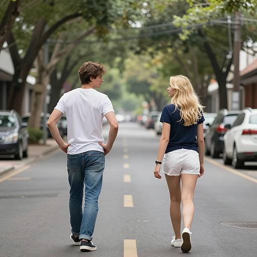 Romantic Stroll on Tree-Lined Street