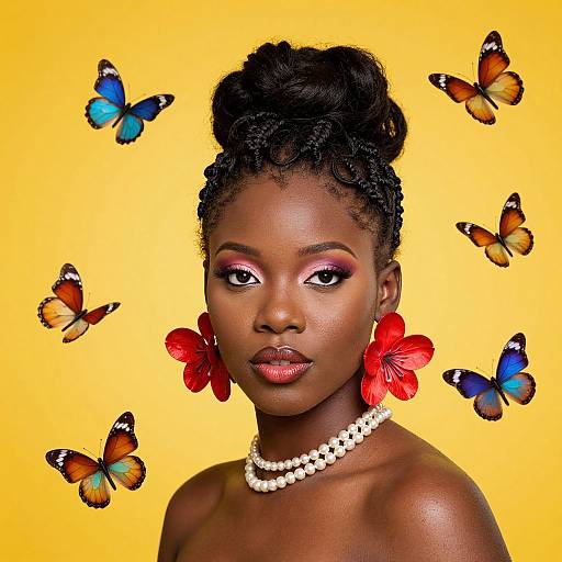 Photograph of a beautiful dark-skinned woman with an updo, wearing red flower earrings, white pearl necklace, yellow background, surrounded by colorful butterflies