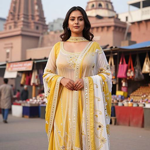 Photograph of a confident Indian woman with medium brown skin, black wavy hair, wearing a yellow and white embroidered traditional dress, standing in a bustling