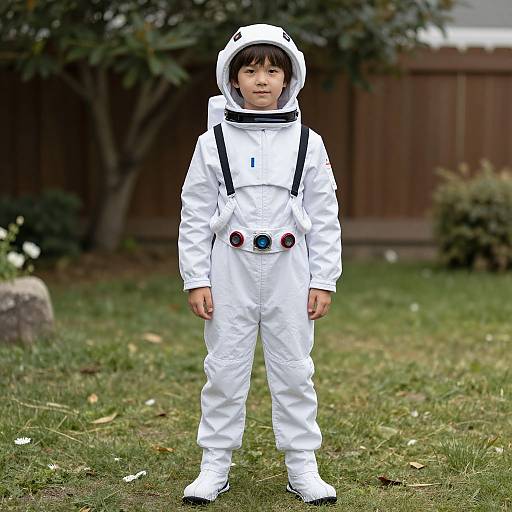 Photograph of a young boy standing in a grassy backyard, wearing a white astronaut suit with black straps and a helmet, looking directly at the camera