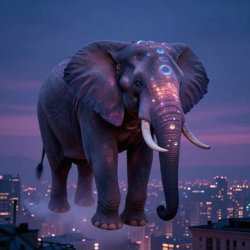 Digital artwork of a glowing, illuminated elephant with blue and pink lights, flying over a cityscape at dusk, with skyscrapers in the background.