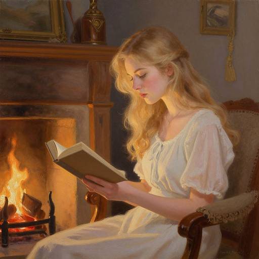 Blonde woman with wavy hair reads by a lit fireplace in a cozy room, wearing a white, sheer dress. Digital painting.