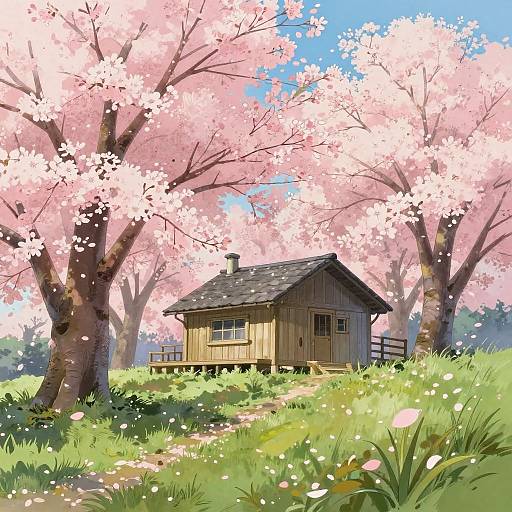 Ghibli-Style Mountain Cabin in Cherry Blossoms