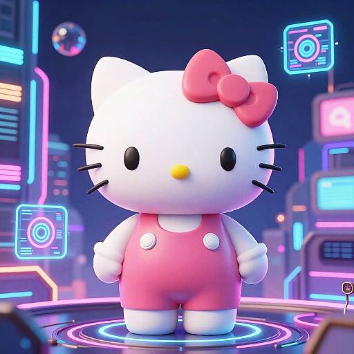 CGI image of Hello Kitty in a neon futuristic city, wearing a pink outfit with a red bow, glowing neon signs, and holographic cameras in