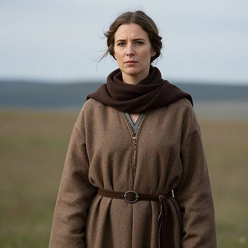 Photograph of a serious-looking woman with brown hair in a bun, wearing a brown woolen dress with a black scarf and belt, standing in a