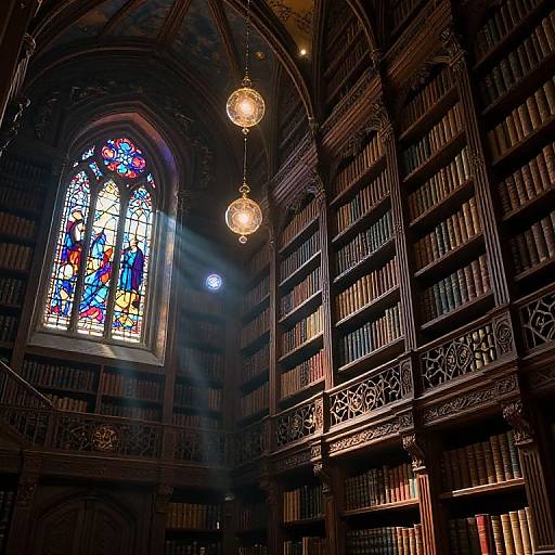 Photograph of a grand, dimly lit library with Gothic arches, ornate wooden bookshelves, colorful stained glass window, and three hanging