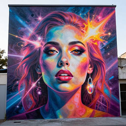 Vibrant street mural of a woman with colorful, glowing face, starburst lights, and cosmic background, featuring vivid reds, blues, and