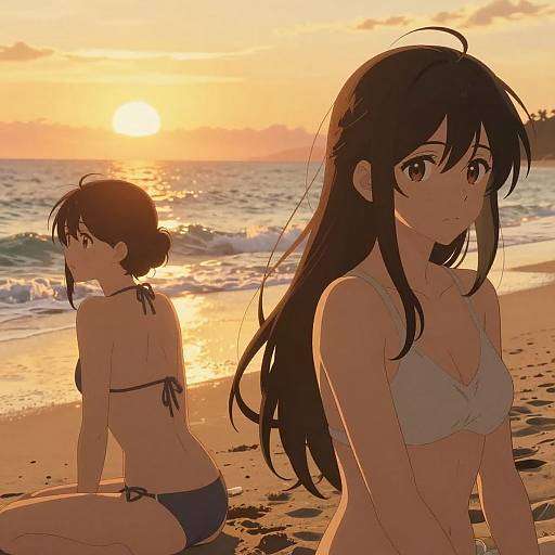 Anime-style digital drawing of two girls in bikinis on a beach at sunset, one sitting, one kneeling, with orange sky and ocean.