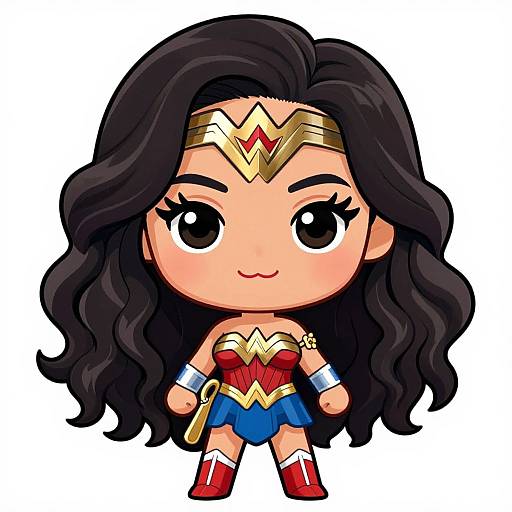 Chibi-style drawing of Wonder Woman: large black eyes, long black wavy hair, golden tiara, red and blue costume, red boots,