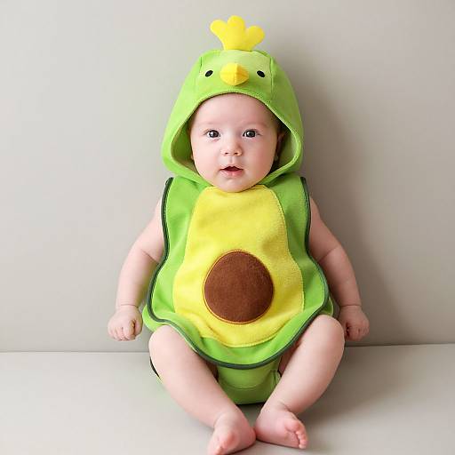Photograph of a baby in a green and yellow plush avocado onesie with a yellow chick on the hood, sitting against a white background.