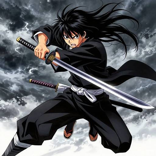 Digital anime artwork of a fierce, black-haired samurai with long hair, wielding a gleaming katana, against a stormy, lightning-filled sky