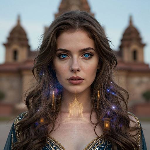 Photorealistic digital portrait of a woman with long brown hair, blue eyes, wearing ornate gold earrings and a blue gown, in front of a